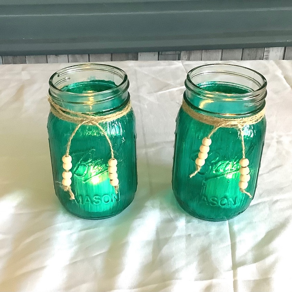2 Vintage/retro looking tinted glass mason jar candle holders…you pick color